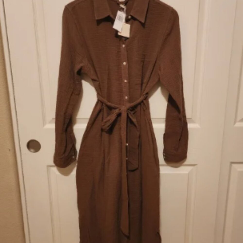 Magaschoni Women Button-Up Midi Shirtdress Dark Green Organic Cotton Size Large